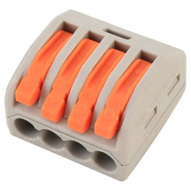 PCT Series 4-Port Wire Junction Box for Electrical Connections compact PA66 4-port connector with orange levers for easy tool-free wire installation