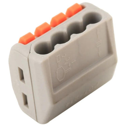 PCT Series 4-Port Wire Junction Box for Electrical Connections, PA66 compact connector with four tool-free orange levers for home wiring repairs