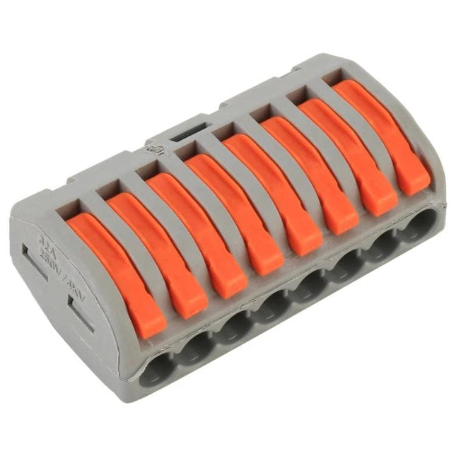 8-Port Wiring Connector for Safe Electrical Junctions in Lighting - gray PA66 compact connector with eight orange levers for lighting wire management