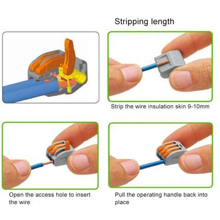 8-Port Wiring Connector for Safe Electrical Junctions in Lighting showing hands inserting stripped wire into PA66 quick-connect lighting terminal