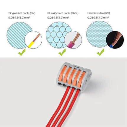 8-Port Wiring Connector for Safe Electrical Junctions in Lighting showing PA66 8-port connector with three red wires and compatible single, multi and flexible cable types