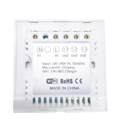 EWeLink 1 Gang Smart Wall Switch with Touch and App Control rear terminal view showing input/output labels and WiFi/RoHS markings