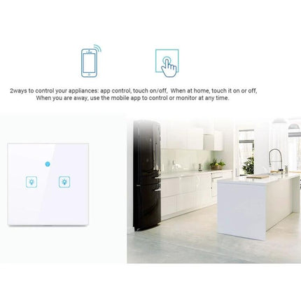 EWeLink 1 Gang Smart Wall Switch with Touch and App Control shown in modern kitchen demonstrating touch and app remote control