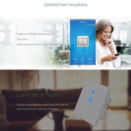 EWeLink 1 Gang Smart Wall Switch with Touch and App Control showing app remote control and touch switch with backlight