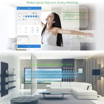 EWeLink 1 Gang Smart Wall Switch with Touch and App Control showing timer app and smart home lighting scenes