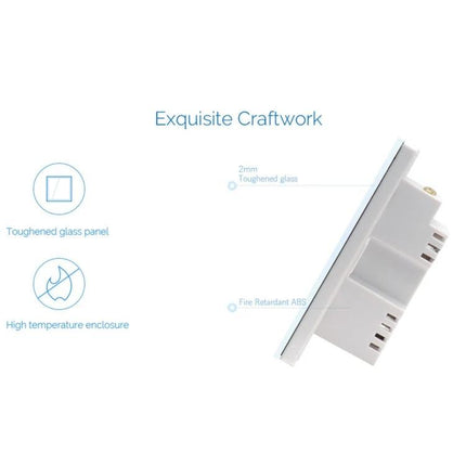 EWeLink 1 Gang Smart Wall Switch with Touch and App Control showing side profile, toughened glass panel and fire-retardant ABS enclosure