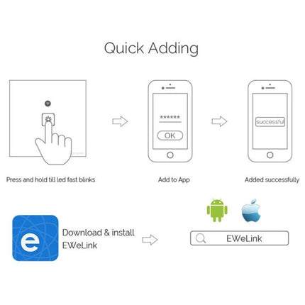 EWeLink 1 Gang Smart Wall Switch with Touch and App Control - quick adding guide showing press to pair, EWeLink app download and successful setup