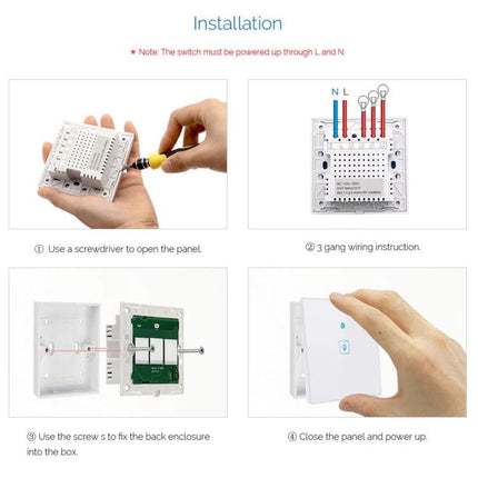 EWeLink 1 Gang Smart Wall Switch with Touch and App Control showing installation steps with wiring, screwing back enclosure, and panel closure