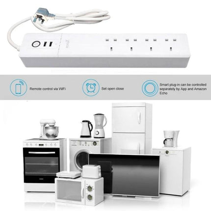 WiFi Smart Power Socket with USB and UK Plugs for Home Automation shown powering kitchen and living appliances with remote WiFi control