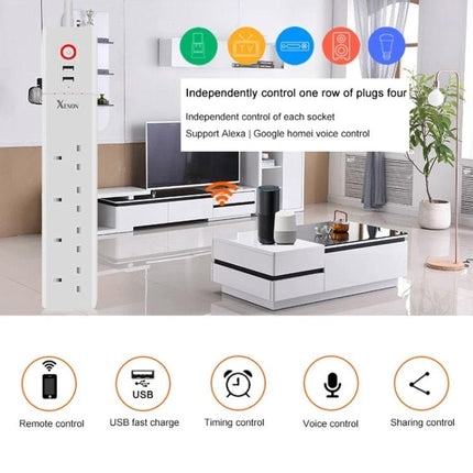 WiFi Smart Power Socket with USB and UK Plugs for Home Automation - white multi-socket strip with USB ports in modern living room, remote and voice control features