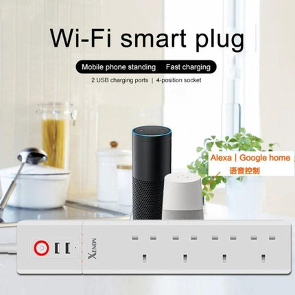 WiFi Smart Power Socket with USB and UK Plugs for Home Automation - white multi-socket with 2 USB ports and voice assistant compatibility