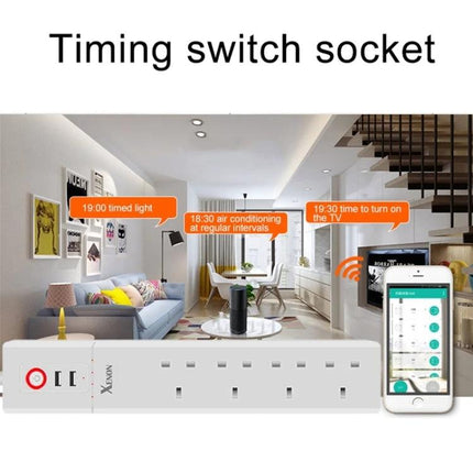 WiFi Smart Power Socket with USB and UK Plugs for Home Automation shown in living room with smartphone app controlling timed sockets