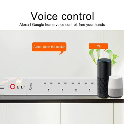 WiFi Smart Power Socket with USB and UK Plugs for Home Automation showing voice control with Alexa and Google Home on a kitchen counter