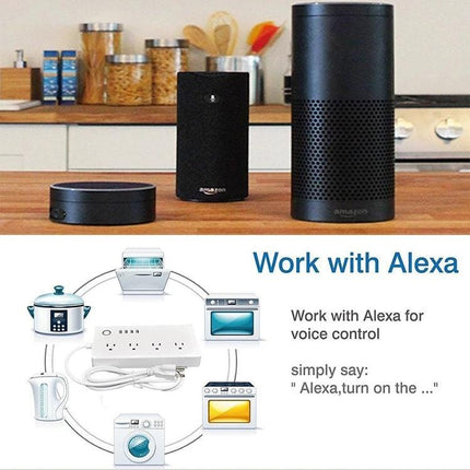 WiFi Smart Power Socket for Remote Device Control at Home showing Alexa-compatible smart home setup and connected appliances