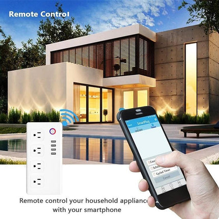 WiFi Smart Power Socket for Remote Device Control at Home showing app-controlled outlet managing home lights and appliances remotely