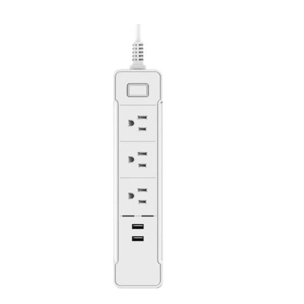 Smart WiFi Power Strip for Home Devices with 2 USB Ports and 3 Outlets — white vertical strip with three AC outlets, two USB ports, power button