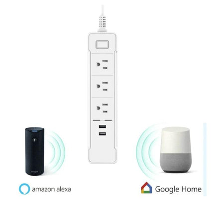 Smart WiFi Power Strip for Home Devices with 2 USB Ports and 3 Outlets showing 3 AC outlets, 2 USB ports, and compatibility with Amazon Alexa and Google Home
