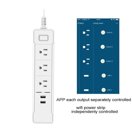 Smart WiFi Power Strip for Home Devices with 2 USB Ports and 3 Outlets showing app control, three outlets and two USB ports
