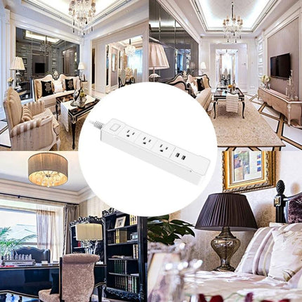 Smart WiFi Power Strip for Home Devices with 2 USB Ports and 3 Outlets - white power strip shown with lamps and living room devices