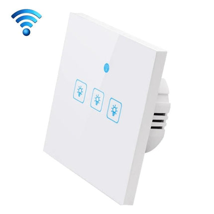 EWeLink Tempered Glass 3-Gang Smart Wall Switch for Home Control - white glass touch panel with WiFi icon