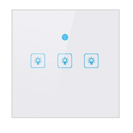 EWeLink Tempered Glass 3-Gang Smart Wall Switch for Home Control - white glass panel with three touch light icons and WiFi indicator