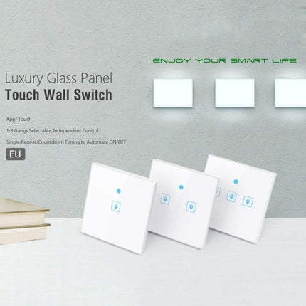 EWeLink Tempered Glass 3-Gang Smart Wall Switch for Home Control white touch glass panel showing three-gang configuration and app control