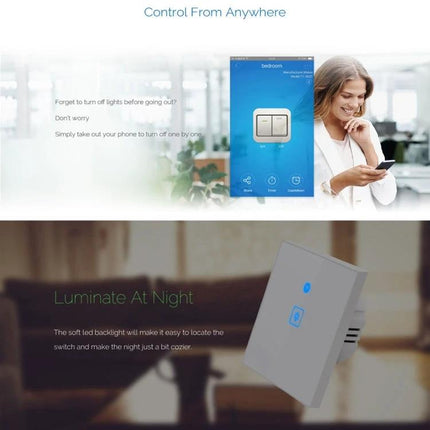 EWeLink Tempered Glass 3-Gang Smart Wall Switch for Home Control showing app remote control and illuminated glass switch