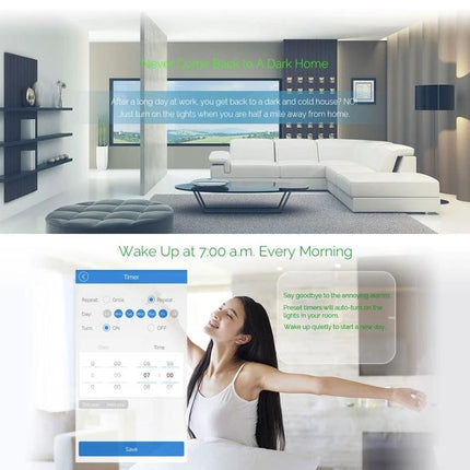 EWeLink Tempered Glass 3-Gang Smart Wall Switch for Home Control - modern living room and app timer showing morning routine