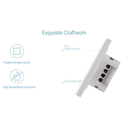 EWeLink Tempered Glass 3-Gang Smart Wall Switch for Home Control showing tempered glass panel and fire-retardant ABS housing