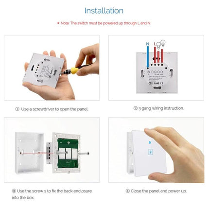 EWeLink Tempered Glass 3-Gang Smart Wall Switch for Home Control installation steps showing wiring, screwdriver use, and panel closure