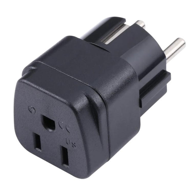 Portable US to UK and EU Power Adapter for Travel Use - black compact travel plug converter for phones laptops cameras, up to 250V 10A