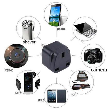 UK to US and Mexico Portable Plug Adapter for Travel Use shown with phone, laptop, camera and other devices