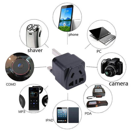 Portable Universal WK to UK Power Adapter with Built-in Fuse shown with laptop phone camera and other travel devices