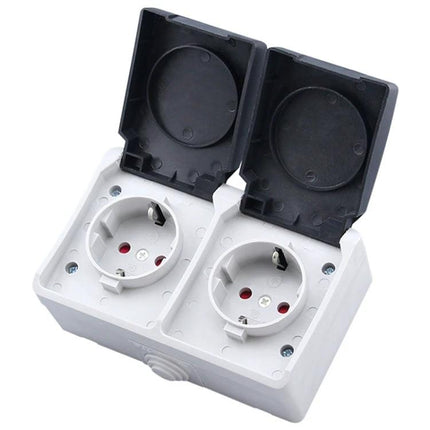 Waterproof Double Socket with Protective Cover for EU Plugs mounted outdoors, dual EU outlets with flip-up waterproof lids