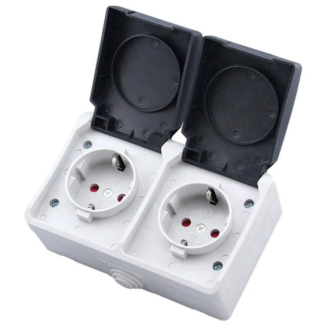 Waterproof Double Socket with Protective Cover for EU Plugs mounted outdoors, dual EU outlets with flip-up waterproof lids