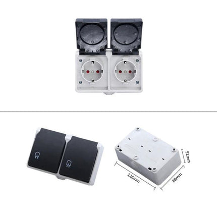 Waterproof Double Socket with Protective Cover for EU Plugs, dual outdoor EU outlet with hinged waterproof caps, white plastic housing