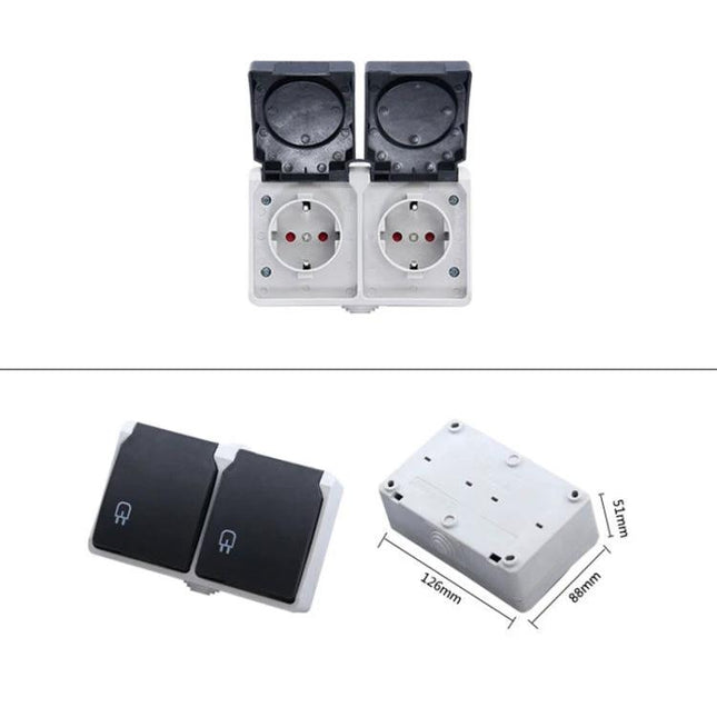 Waterproof Double Socket with Protective Cover for EU Plugs, dual outdoor EU outlet with hinged waterproof caps, white plastic housing