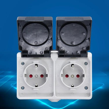 Waterproof Double Socket with Protective Cover for EU Plugs - dual outdoor EU power outlet with hinged protective caps, splashproof for garden and patio use