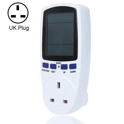 Energy Meter with LCD Display for Home Electricity Monitoring - UK plug digital power usage monitor with real-time screen and buttons