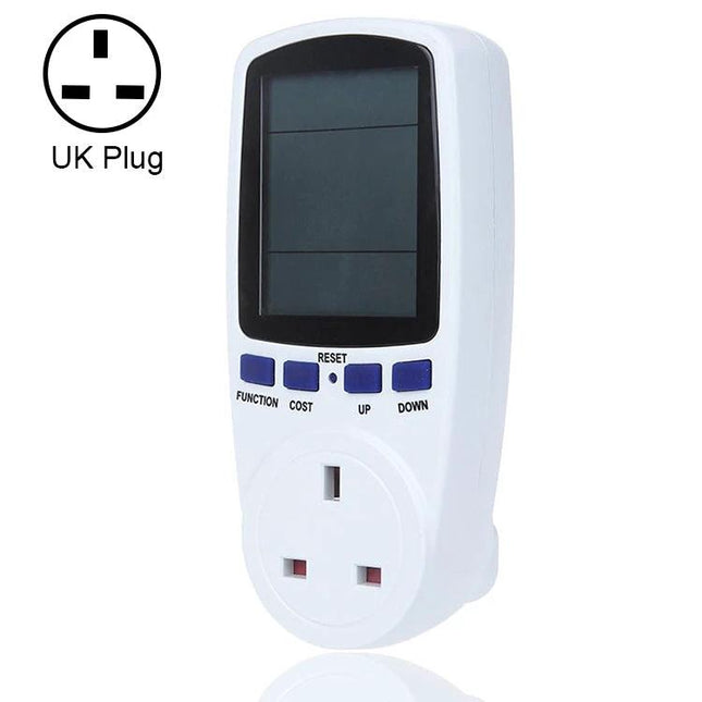 Energy Meter with LCD Display for Home Electricity Monitoring - UK plug digital power usage monitor with real-time screen and buttons