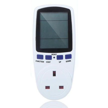 Energy Meter with LCD Display for Home Electricity Monitoring white plug-in power meter showing LCD screen and function buttons