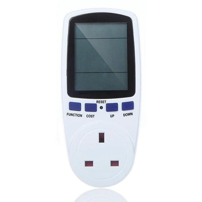Energy Meter with LCD Display for Home Electricity Monitoring white plug-in power meter showing LCD screen and function buttons