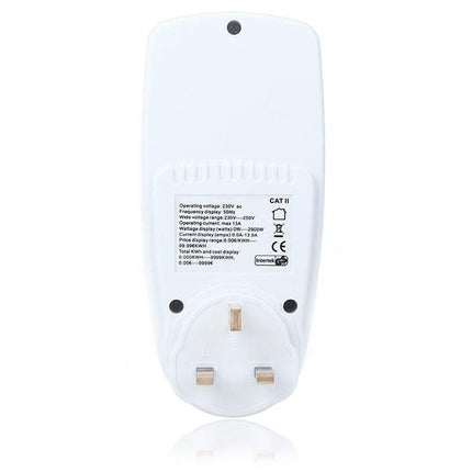 Energy Meter with LCD Display for Home Electricity Monitoring - white plug-in energy meter showing back label and UK 3-pin socket