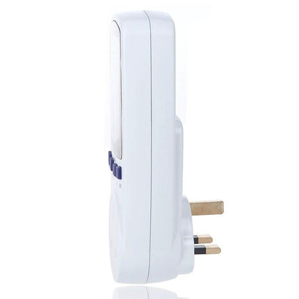 Energy Meter with LCD Display for Home Electricity Monitoring white plug-in unit showing side profile and UK three-pin plug