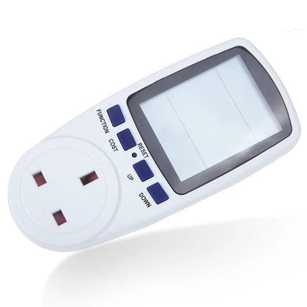 Energy Meter with LCD Display for Home Electricity Monitoring showing handheld plug-in unit with large screen and function buttons