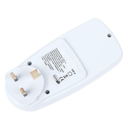 Energy Meter with LCD Display for Home Electricity Monitoring - white plug-in power usage monitor showing UK 3-pin socket and rear label