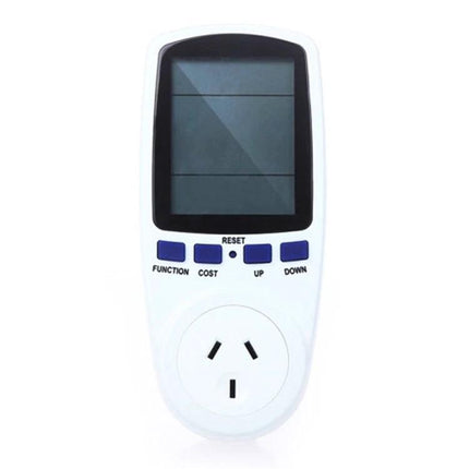 Home Energy Monitor for Tracking Electricity Usage with AU Plug showing screen, buttons and Australian power outlet socket