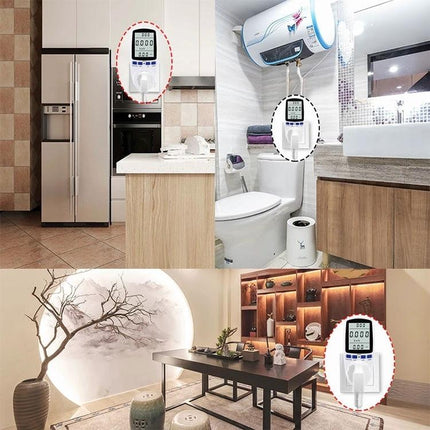 Home Energy Monitor for Tracking Electricity Usage with AU Plug shown monitoring appliances in kitchen bathroom and living room