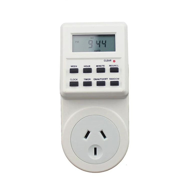 Australian Smart Timer Switch Socket with LCD Clock Function showing LCD display and programming buttons for scheduling appliances