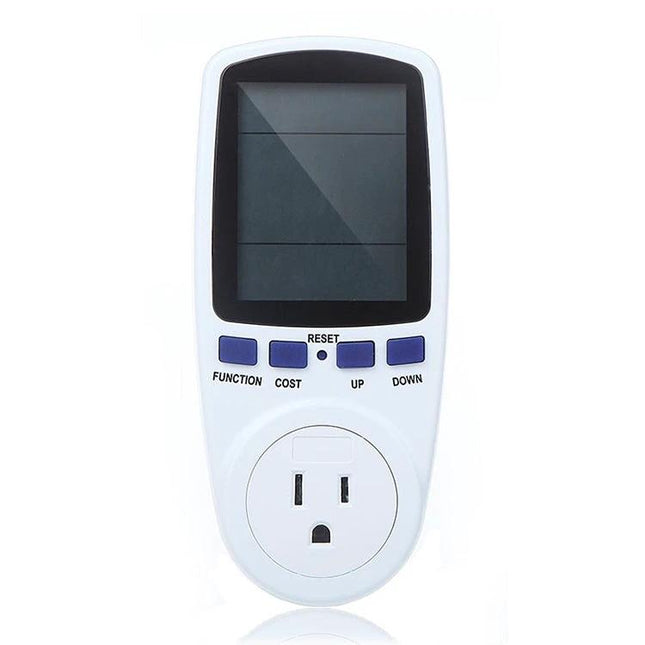 LCD Electricity Usage Monitor for Home Energy Tracking - white plug-in energy meter with LCD display and function buttons